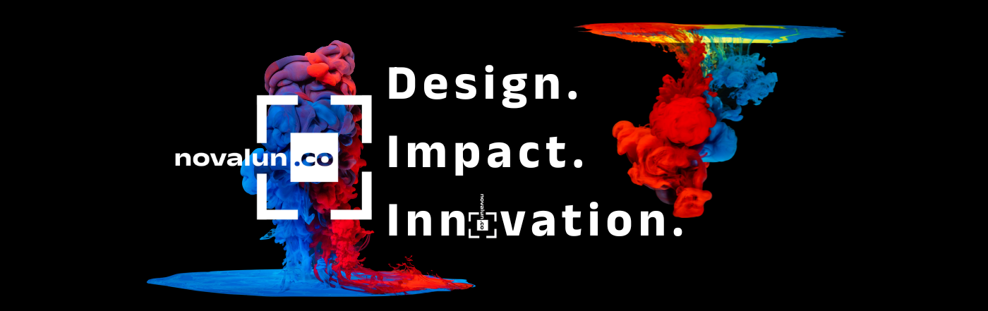 Novalun.co: Design, Impact, Innovation avec logo et nuages d'encre colorés rouge et bleu sur fond noir