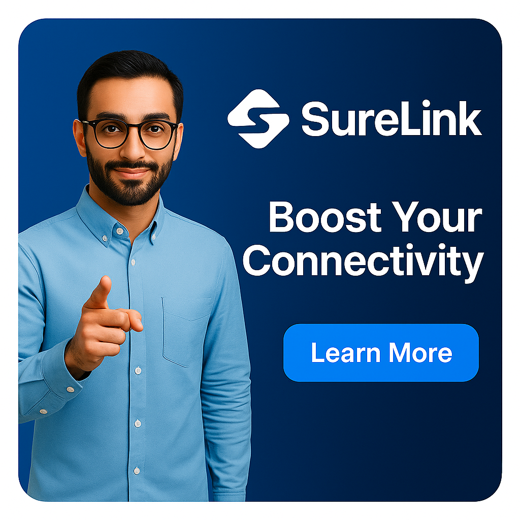 Publicité SureLink montrant un homme en chemise bleue pointant du doigt avec le texte Boost Your Connectivity