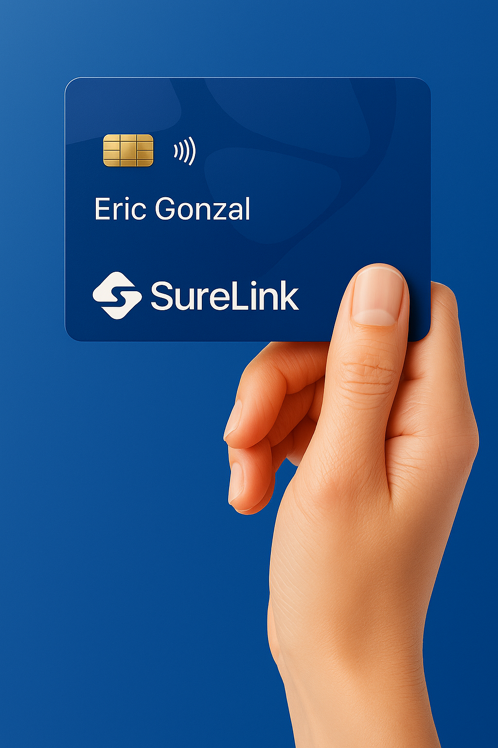 Main tenant une carte de crédit bleue SureLink avec le nom Eric Gonzal, design par Novalun.co